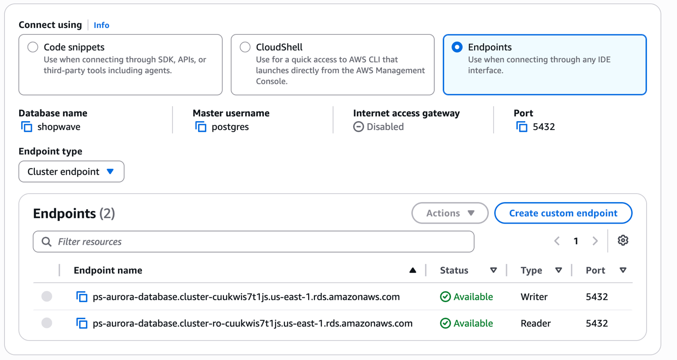 Aurora PostgreSQL writer endpoint shown in the RDS console cluster details page