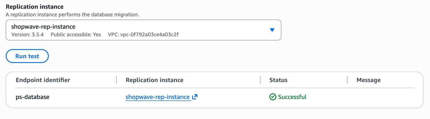 AWS DMS source endpoint connection test showing successful result for MySQL RDS