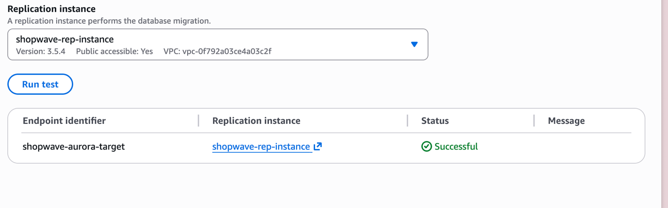 AWS DMS target endpoint connection test showing successful result for Aurora PostgreSQL