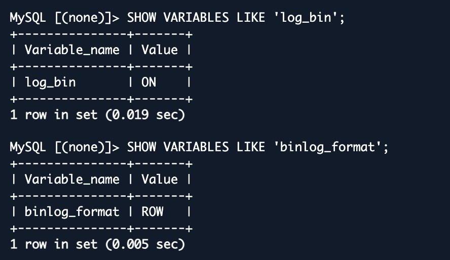 MySQL binary log and binlog_format verification output showing log_bin ON and binlog_format ROW