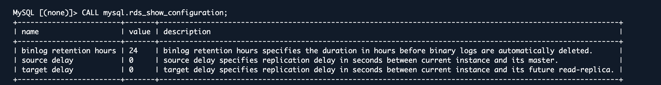 MySQL RDS binlog retention hours configuration output showing 24 hour retention set